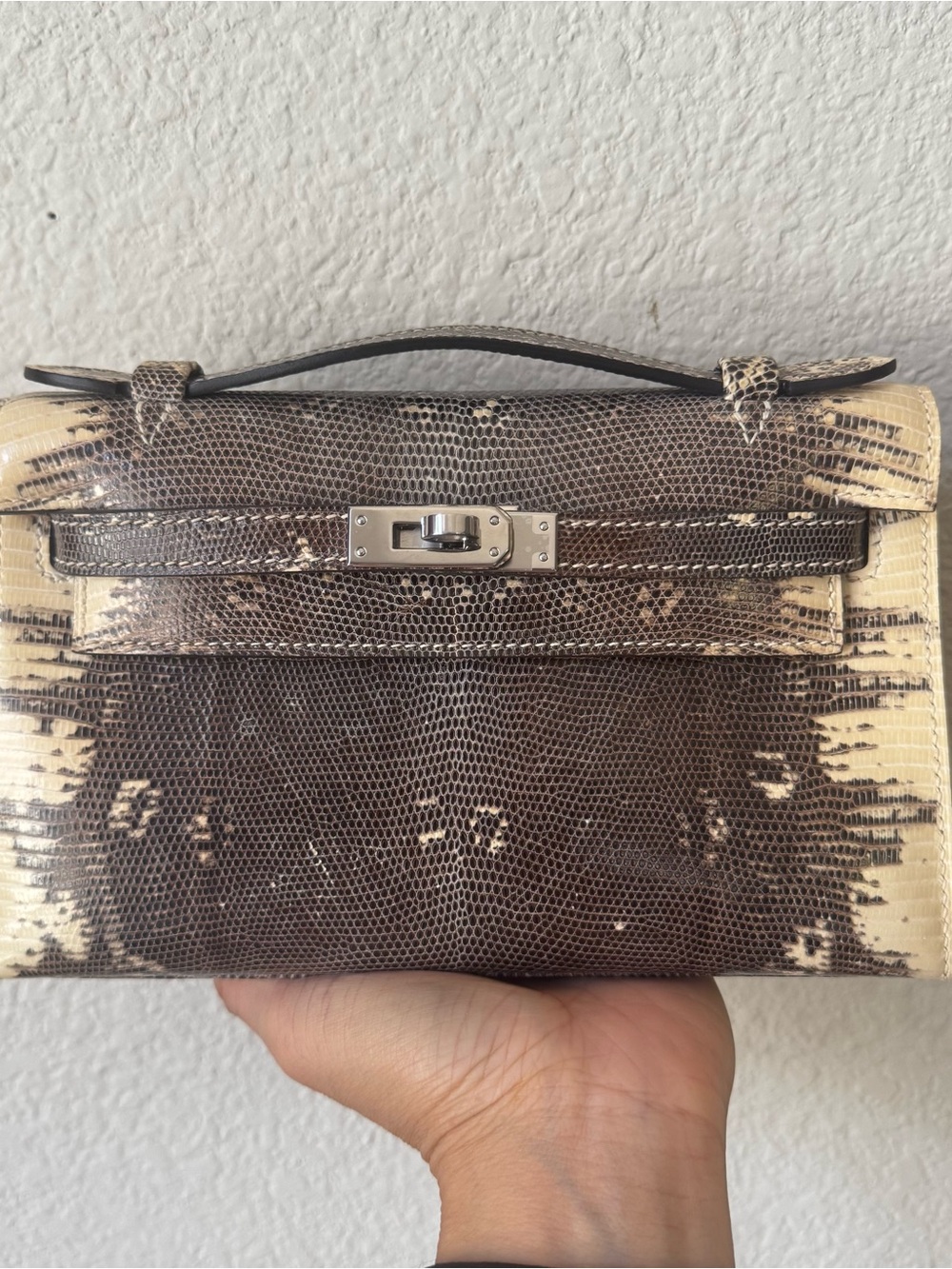 Real Front Natural Lizard Beige Cream Belted KL Pochette Clutch Top Handle Bag